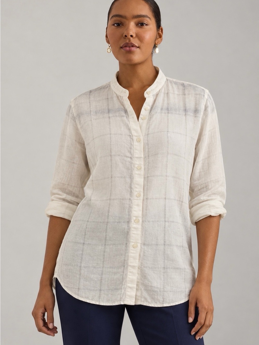 Lauren Ralph Lauren 100% Linen Plaid Button Front Shirt Ivory Plus Size 1X